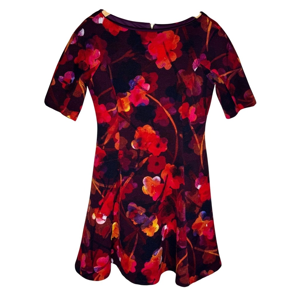Maggy London Dress 8 Floral‎ Fit & Flare Half Sleeve Red Purple Wedding Guest